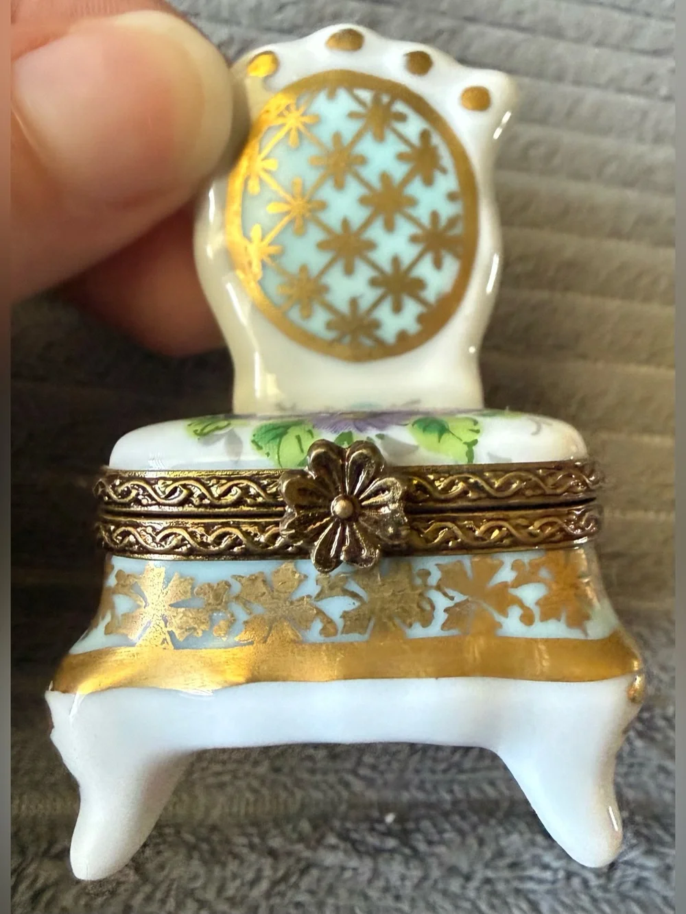 VTG Handpainted Jewelry Limoges France Chair Trinket Box Roses Floral Porcelain